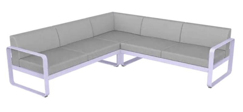 Load image into Gallery viewer, Fermob Bellevie outdoor lounge set with modular sofa in marshmallow and flannel grey fabric, designed for stylish outdoor seating.
