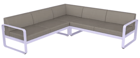 Fermob Bellevie Composition 2 outdoor lounge sofa set with marshmallow grey and taupe cushions, modular outdoor furniture.