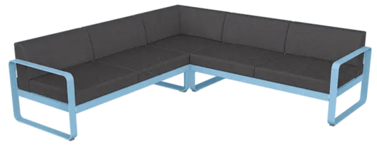 Fermob Bellevie Composition 2 outdoor lounge sofa set with Maya Blue, Graphite, and Grey cushions, modern modular design.