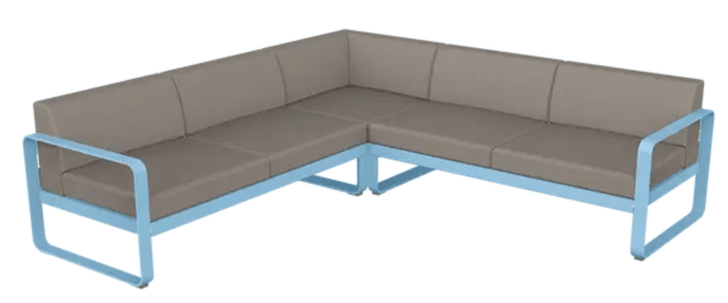 Load image into Gallery viewer, Fermob Bellevie modular outdoor sofa set in Maya Blue, grey, and taupe with plush cushions for stylish outdoor lounging.
