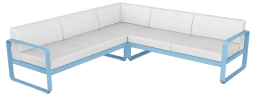 Fermob Bellevie Composition 2 outdoor lounge set with blue and off-white modular sofa, ideal for stylish outdoor seating.