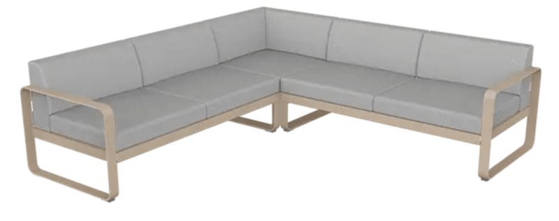 Load image into Gallery viewer, Fermob Bellevie Composition 2 outdoor lounge sofa set with nutmeg and grey cushions, modular design for garden or patio.
