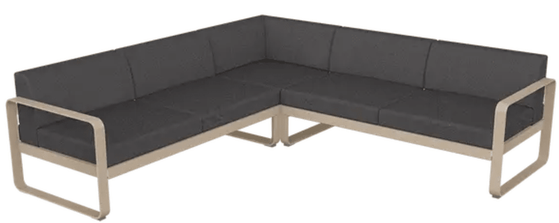 Load image into Gallery viewer, Fermob Bellevie Composition 2 outdoor lounge sofa set with nutmeg and graphite grey cushions on a modern patio.
