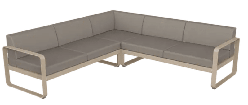 Load image into Gallery viewer, Fermob Bellevie Composition 2 outdoor lounge sofa set with nutmeg, grey, and taupe cushions on a stylish patio setting.

