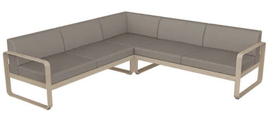 Fermob Bellevie Composition 2 outdoor lounge sofa set with nutmeg, grey, and taupe cushions on a stylish patio setting.