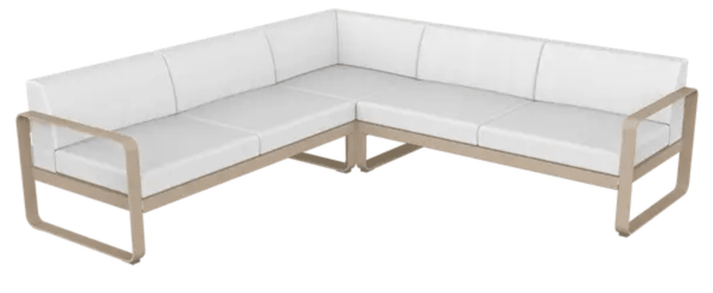 Load image into Gallery viewer, Fermob Bellevie Composition 2 outdoor lounge sofa set with nutmeg and off-white cushions, modular design for outdoor seating.
