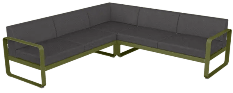 Load image into Gallery viewer, Fermob Bellevie Composition 2 outdoor modular sofa set with grey and pesto-colored cushions, designed for garden relaxation.
