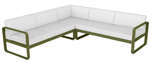 Fermob Bellevie Composition 2 outdoor lounge sofa set with off-white cushions and pesto-colored frame, modular design for outdoor seating.