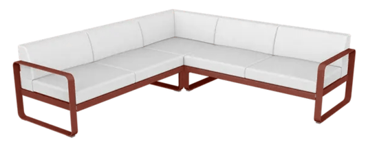 Fermob Bellevie Composition 2 outdoor lounge set with red ochre, off-white sofas and modular design for patio seating.