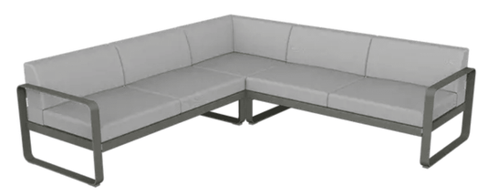 Fermob Bellevie Composition 2 outdoor lounge sofa set with grey cushions and modular design, perfect for patio relaxation.