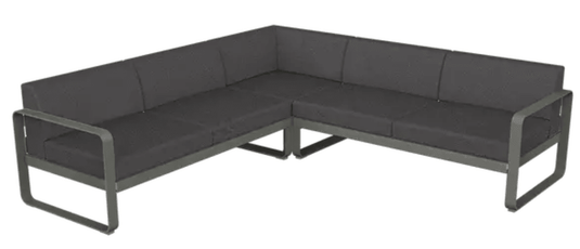 Fermob Bellevie Composition 2 outdoor lounge sofa set with graphite grey cushions and modular design, ideal for garden seating.