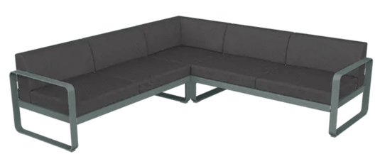 Fermob Bellevie Composition 2 outdoor modular sofa set in storm grey and graphite, with cushioned seats and modern design.