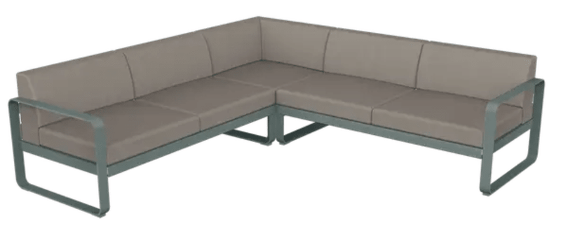 Load image into Gallery viewer, Fermob Bellevie Composition 2 outdoor lounge sofa set with storm grey, grey, and taupe cushions, modular design for outdoor seating.
