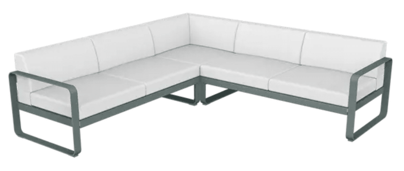 Load image into Gallery viewer, Storm grey and off-white Fermob Bellevie outdoor lounge sofa composition with modular design and stylish cushions.
