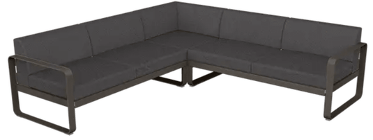 Fermob Bellevie Composition 2 outdoor lounge sofa set with graphite grey cushions and modular design, ideal for outdoor seating.