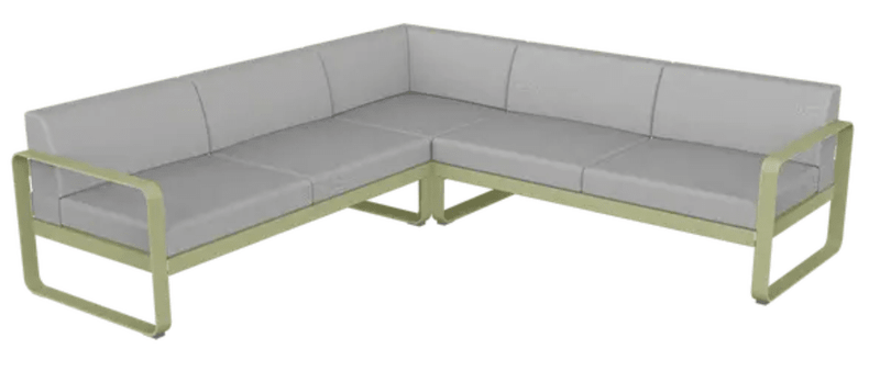 Load image into Gallery viewer, Willow green and grey Fermob Bellevie Composition 2 outdoor sofa set with modular design and plush cushions on a patio.
