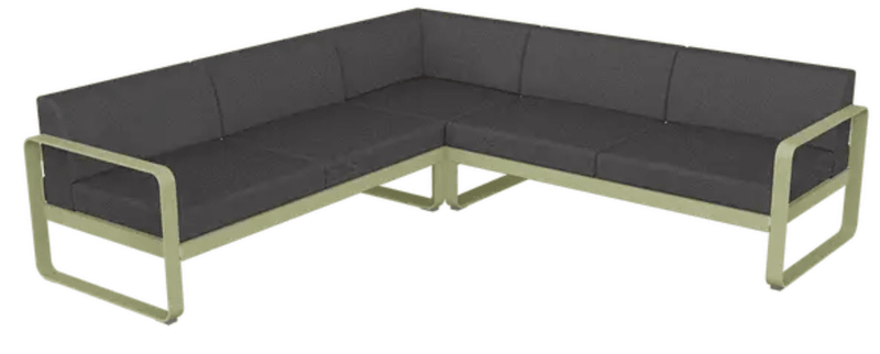 Load image into Gallery viewer, Fermob Bellevie Composition 2 outdoor lounge sofa set with willow green, graphite gray, and beige cushions on a patio.
