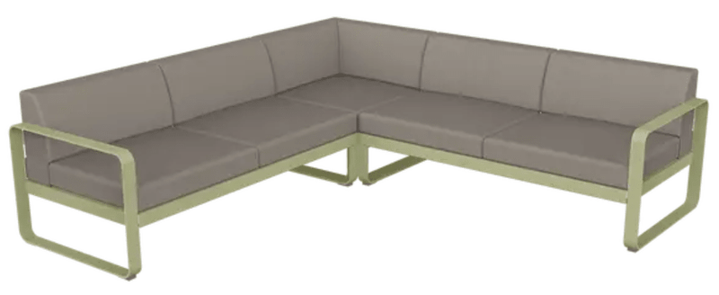 Load image into Gallery viewer, Willow green, grey, and taupe Fermob Bellevie Composition 2 outdoor sofa set with modular lounge pieces and plush cushions.
