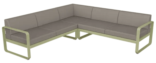 Willow green, grey, and taupe Fermob Bellevie Composition 2 outdoor sofa set with modular lounge pieces and plush cushions.