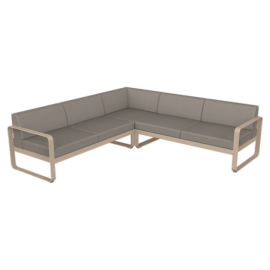 Fermob Bellevie modular sofa Composition 2– Nutmeg frame with Grey Taupe fabric cushions