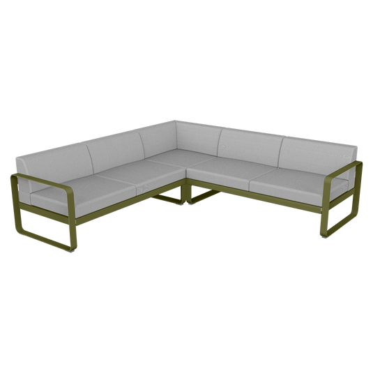 Fermob Bellevie modular sofa Composition 2– Pesto Green frame with Flannel Grey fabric cushions
