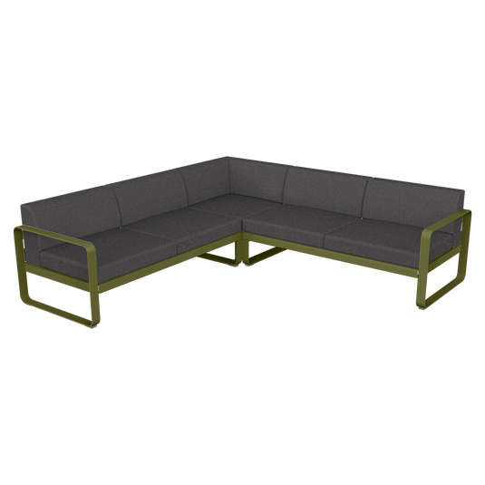 Fermob Bellevie modular sofa Composition 2– Pesto Green frame with Graphite Grey fabric cushions
