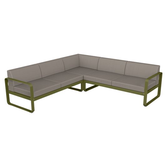 Fermob Bellevie modular sofa Composition 2– Pesto Green frame with Grey Taupe fabric cushions