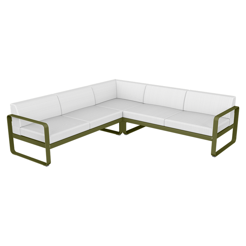Load image into Gallery viewer, Fermob Bellevie modular sofa Composition 2– Pesto Green frame with Off-White fabric cushions
