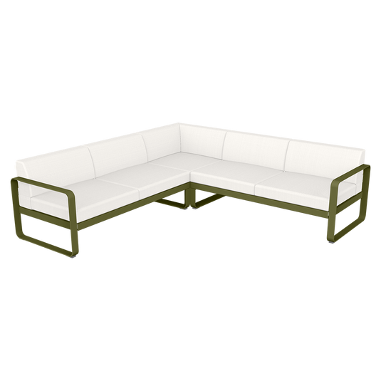 Fermob Bellevie modular sofa Composition 2– Pesto Green frame with Pearl fabric cushions