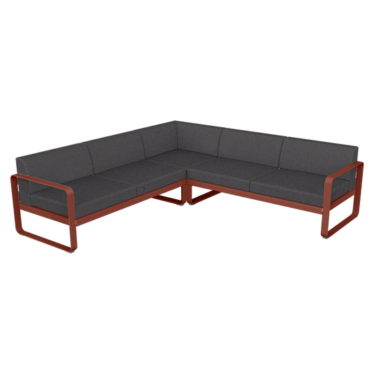 Fermob Bellevie modular sofa Composition 2– Red Ochre frame with Graphite Grey fabric cushions