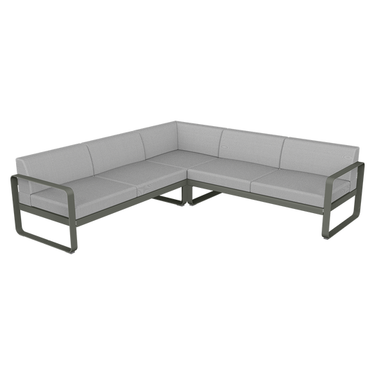 Fermob Bellevie modular sofa Composition 2– Rosemary frame with Flannel Grey fabric cushions