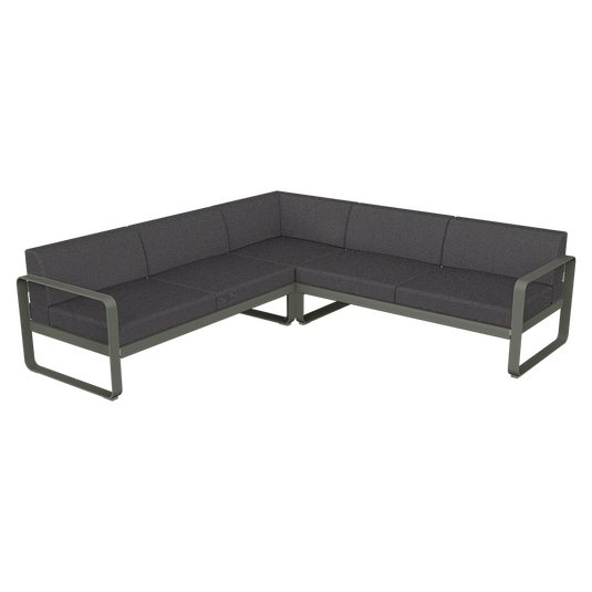 Fermob Bellevie modular sofa Composition 2– Rosemary frame with Graphite Grey fabric cushions