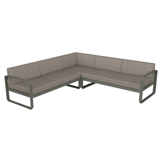 Fermob Bellevie modular sofa Composition 2– Rosemary frame with Grey Taupe fabric cushions