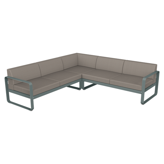 Fermob Bellevie modular sofa Composition 2– Storm Grey frame with Grey Taupe fabric cushions