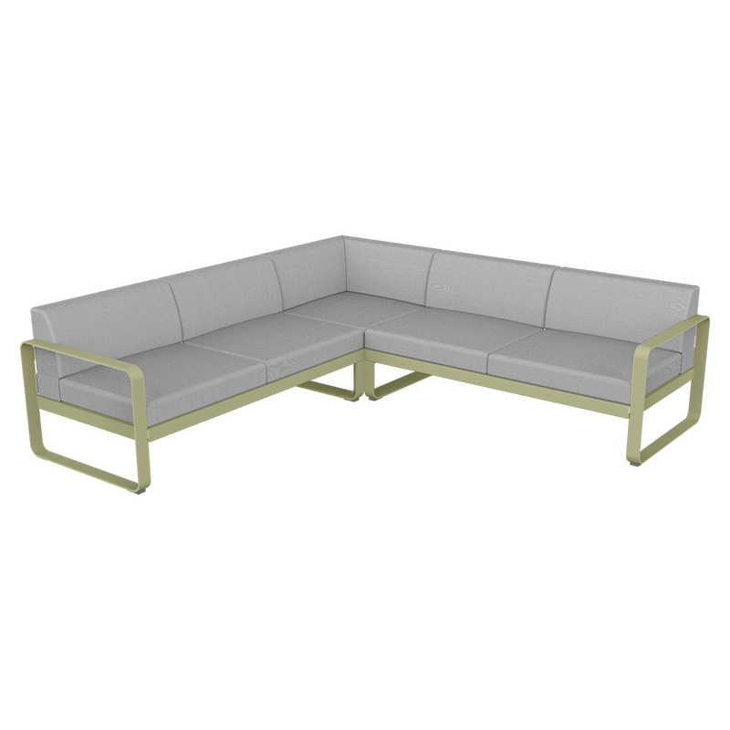 Load image into Gallery viewer, Fermob Bellevie modular sofa Composition 2– Willow Green frame with Flannel Grey fabric cushions
