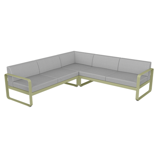Fermob Bellevie modular sofa Composition 2– Willow Green frame with Flannel Grey fabric cushions