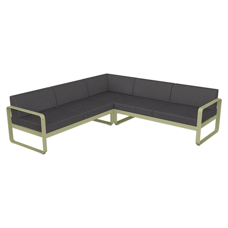Load image into Gallery viewer, Fermob Bellevie modular sofa Composition 2– Willow Green frame with Graphite Grey fabric cushions
