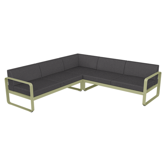 Fermob Bellevie modular sofa Composition 2– Willow Green frame with Graphite Grey fabric cushions