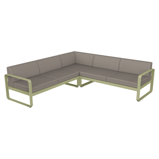 Fermob Bellevie modular sofa Composition 2– Willow Green frame with Grey Taupe fabric cushions