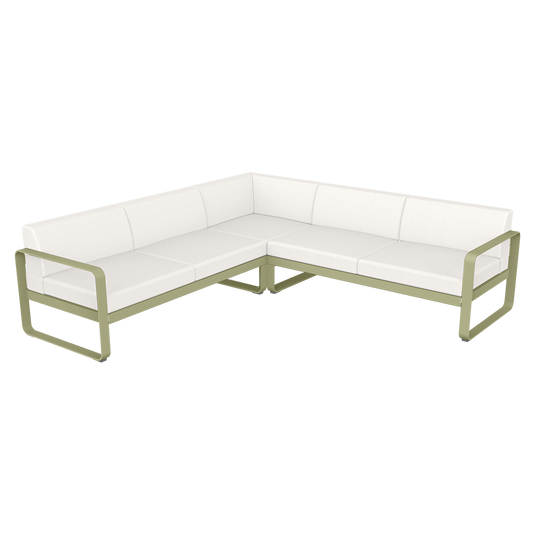 Fermob Bellevie modular sofa Composition 2– Willow Green frame with Pearl fabric cushions