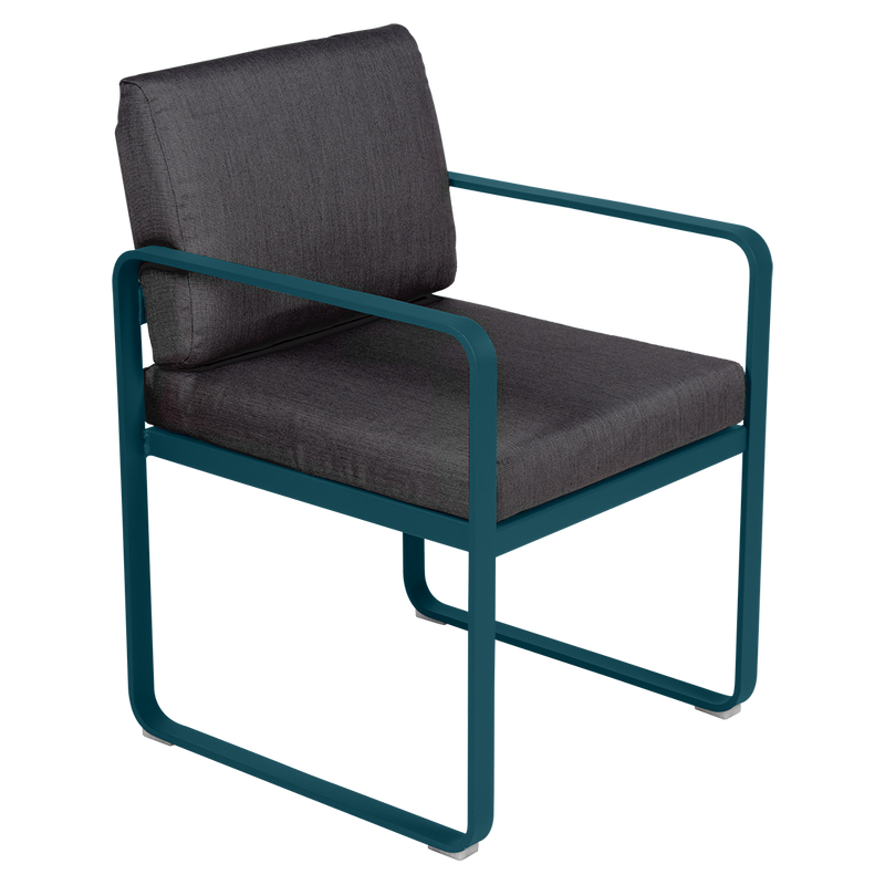 Load image into Gallery viewer, Fermob Bellevie dining armchair– Acapulco Blue frame with Graphite Grey fabric cushions
