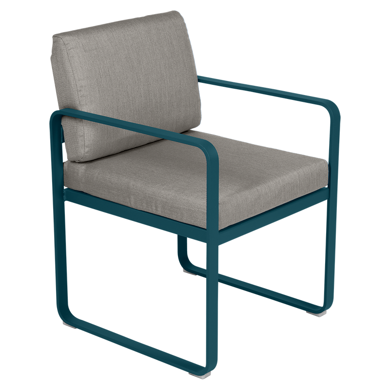 Load image into Gallery viewer, Fermob Bellevie dining armchair– Acapulco Blue frame with Grey Taupe fabric cushions
