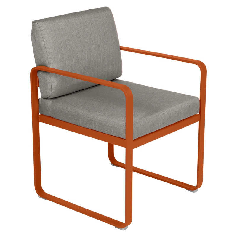Load image into Gallery viewer, Fermob Bellevie dining armchair– Candied Orange frame with Grey Taupe fabric cushions
