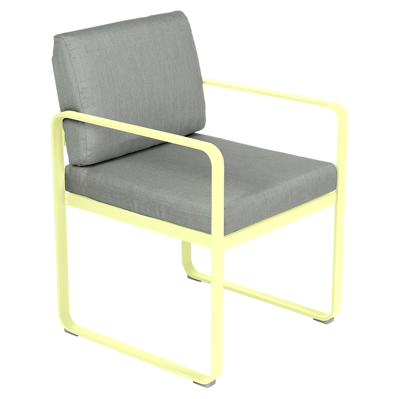 Load image into Gallery viewer, Fermob Bellevie dining armchair– Frosted Lemon frame with Flannel Grey fabric cushions
