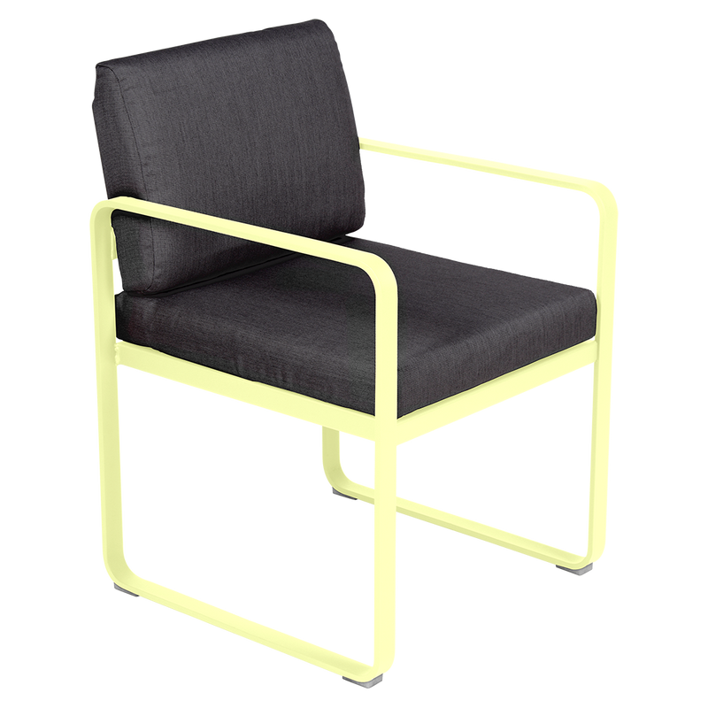 Load image into Gallery viewer, Fermob Bellevie dining armchair– Frosted Lemon frame with Graphite Grey fabric cushions
