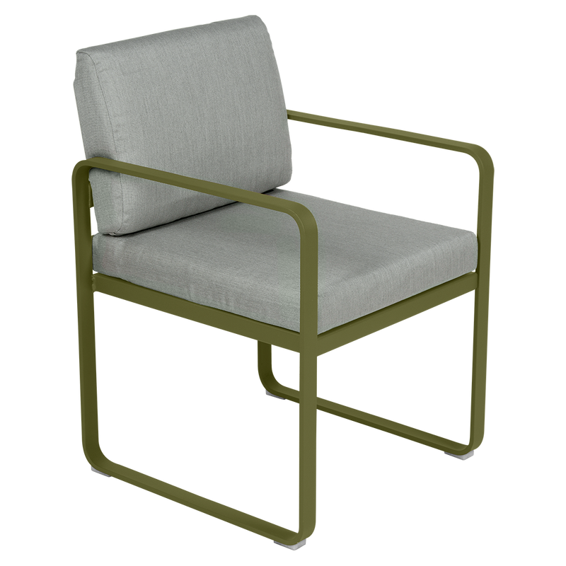 Load image into Gallery viewer, Fermob Bellevie dining armchair– Pesto Green frame with Flannel Grey fabric cushions
