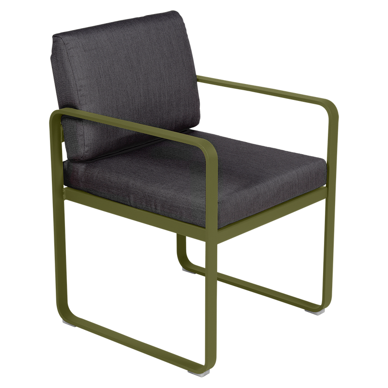 Load image into Gallery viewer, Fermob Bellevie dining armchair– Pesto Green frame with Graphite Grey fabric cushions
