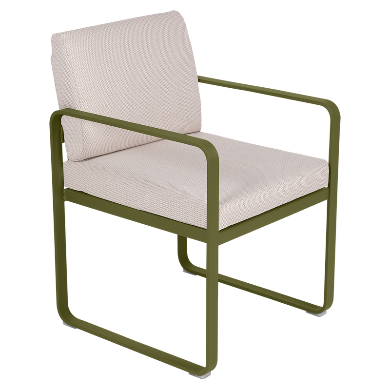 Load image into Gallery viewer, Fermob Bellevie dining armchair– Pesto Green frame with Pearl fabric cushions
