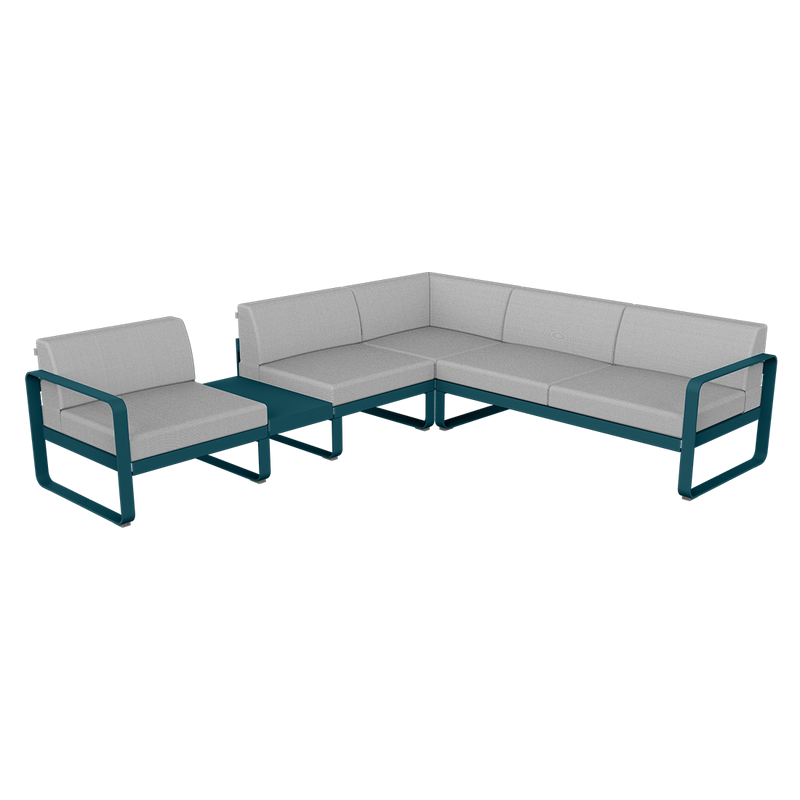 Load image into Gallery viewer, Fermob Bellevie Modular Corner Sofa Composition 3A – Acapulco Blue frame with Flannel Grey fabric cushions
