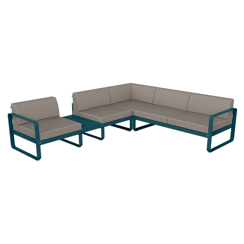 Load image into Gallery viewer, Fermob Bellevie Modular Corner Sofa Composition 3A – Acapulco Blue frame with Grey Taupe fabric cushions
